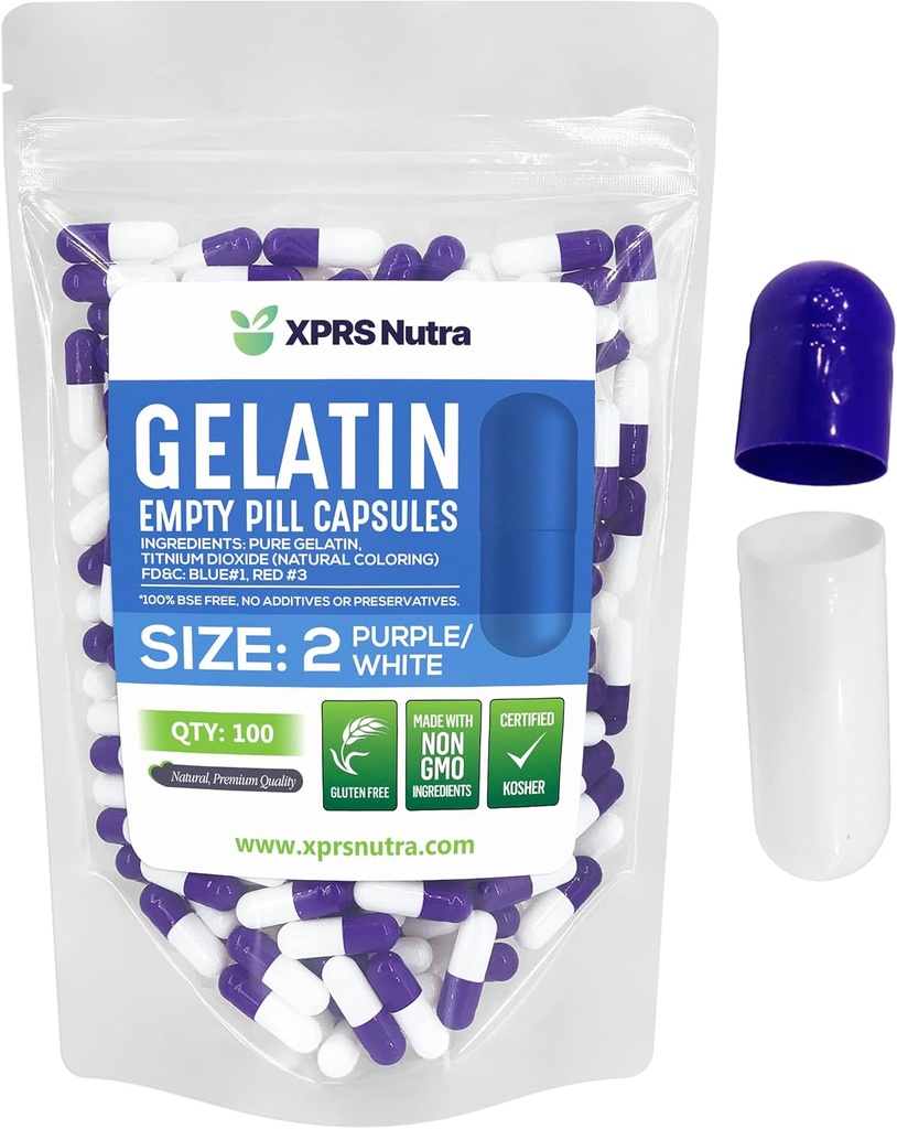 XPRS Nutra Μέγεθος 2 Κενές κάψουλες - 100 Count Empty Gelatin Κάψουλες - Χάπια DIY Καψάκιο Γέμισμα - Αγνά καπάκια τζελ Μπόβιν Χάπια για Do-It-Yourself Συμπληρώματα (Purple/White)