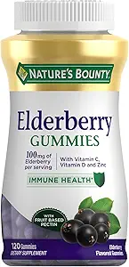 Nature's Bounty Elderberry Gummies, Συμπλήρωμα διατροφής, Υποστηρίζει την Ανοσολογική Υγεία, Περιέχει βιταμίνη Α, C, D, E και ψευδάργυρο, 100 mg, 120 Gummies