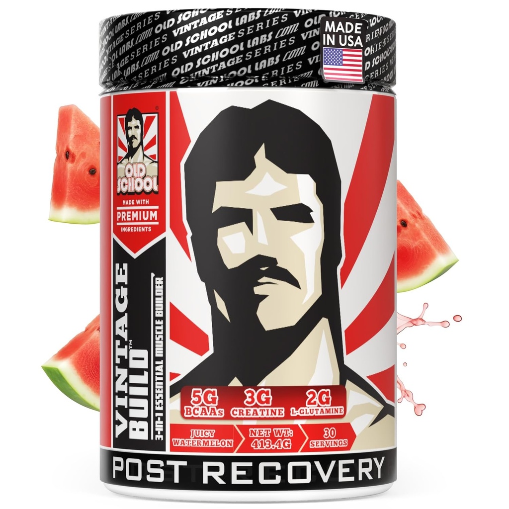 Vintage Build – Post Processed Recovery & Muscle Building Powder Drink for Muscle Strength & Growth - Μειώνει τη λύπη – Creatine Monohydrate, BCAAs, L-Glutamine – Juicy Watermelon Flavor – 388g