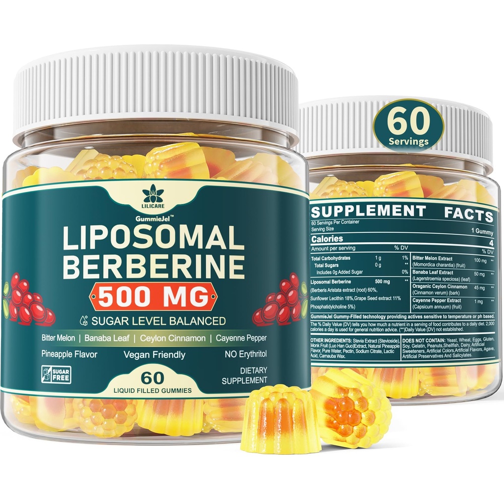 Berberine 500 mg Supplement, Once Daily, Liposomal Gummies with Ceylon Cinnamon, Bitter Melon, Banaba Leaf for Metabolism Balanced, AMPK Activator, High Abxia, Sugar Free, Vegan, 60 Cts