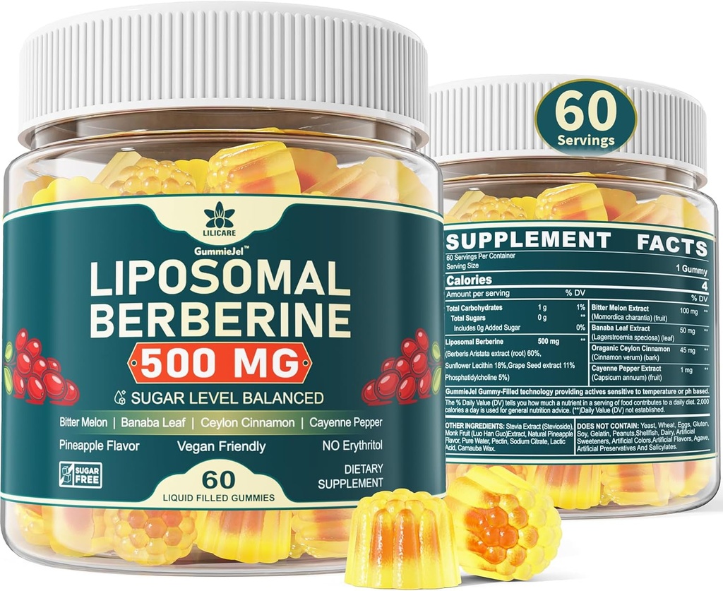 Berberine 500 mg Supplement, Once Daily, Liposomal Gummies with Ceylon Cinnamon, Bitter Melon, Banaba Leaf for Metabolism Balanced, AMPK Activator, High Abxia, Sugar Free, Vegan, 60 Cts