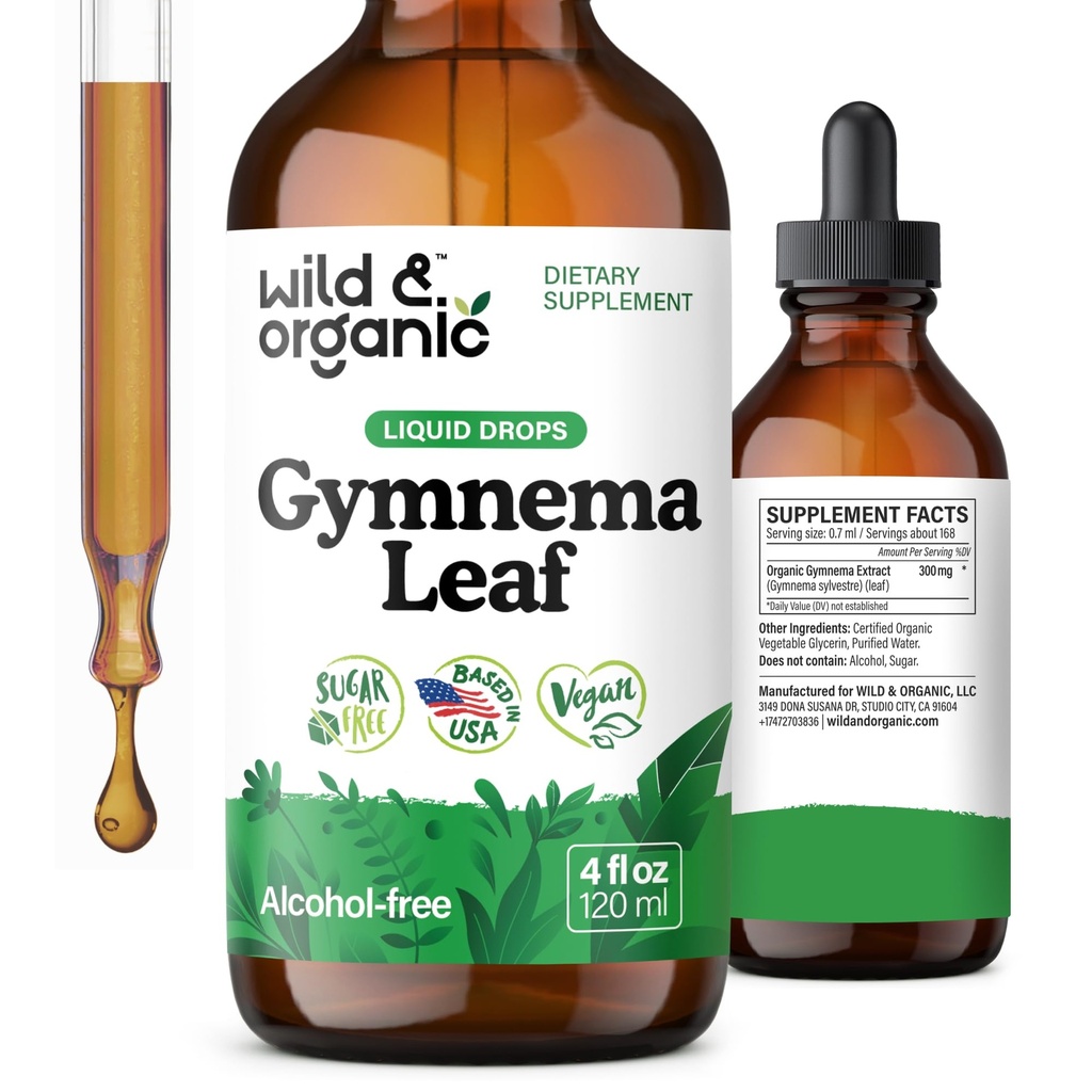 Wild & Organic Gymnema Sylvestre Extract Drops - Sugar-Free Gymnema Sylvestre Supplements - Gurmar Toz Temel Tincture - Vegan, Alkol Ücretsiz Banyo Malzemeleri - 4 fl ozz