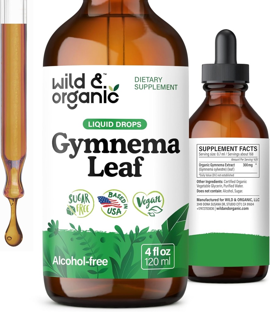 Wild & Organic Gymnema Sylvestre Extract Drops - Sugar-Free Gymnema Sylvestre Supplements - Gurmar Toz Temel Tincture - Vegan, Alkol Ücretsiz Banyo Malzemeleri - 4 fl ozz