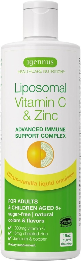 Yüksek Aborpsiyon Liposomal Vitamin C 1000 mg & çinko Bisglycinate, 30-90 Hizmet, Yetişkin & Çocuklar 5+, Non-GMO, Sugar-Free, Citrus & Vanilla Flavor, Igennus