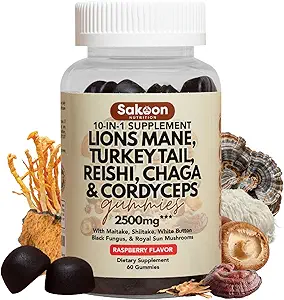 Sakoon beslenme Lions Mane Mushroom Gummies with Turkey Tail, Reishi & More, 2500 mg, 60 Kont, Raspberry Flavored