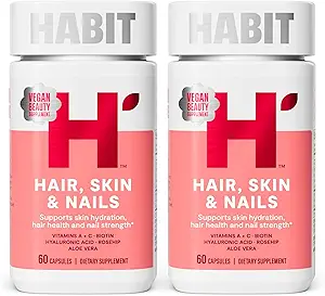 Habit Hair, Skin & Nails Supplement 2 Pack (120 Capsules) - Yeni Bak, Destekler Skin Hydration, Hair & Nail Strength, Biotin 2000 Telefon, A & C, Hyaluronic Acid, Rosehip, Vegan, Non-GMO