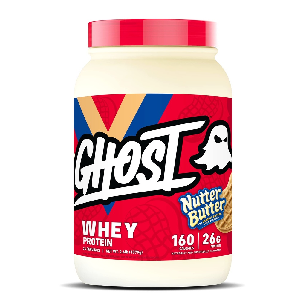 GHOST Whey Protein Tozu, Nutter Butter - 2LB, 26G Protein - Whey proteini - post Workout Fitness & Beslenme Shakes, Smoothies, Baking & Cooking - Cookie Pieces Inside