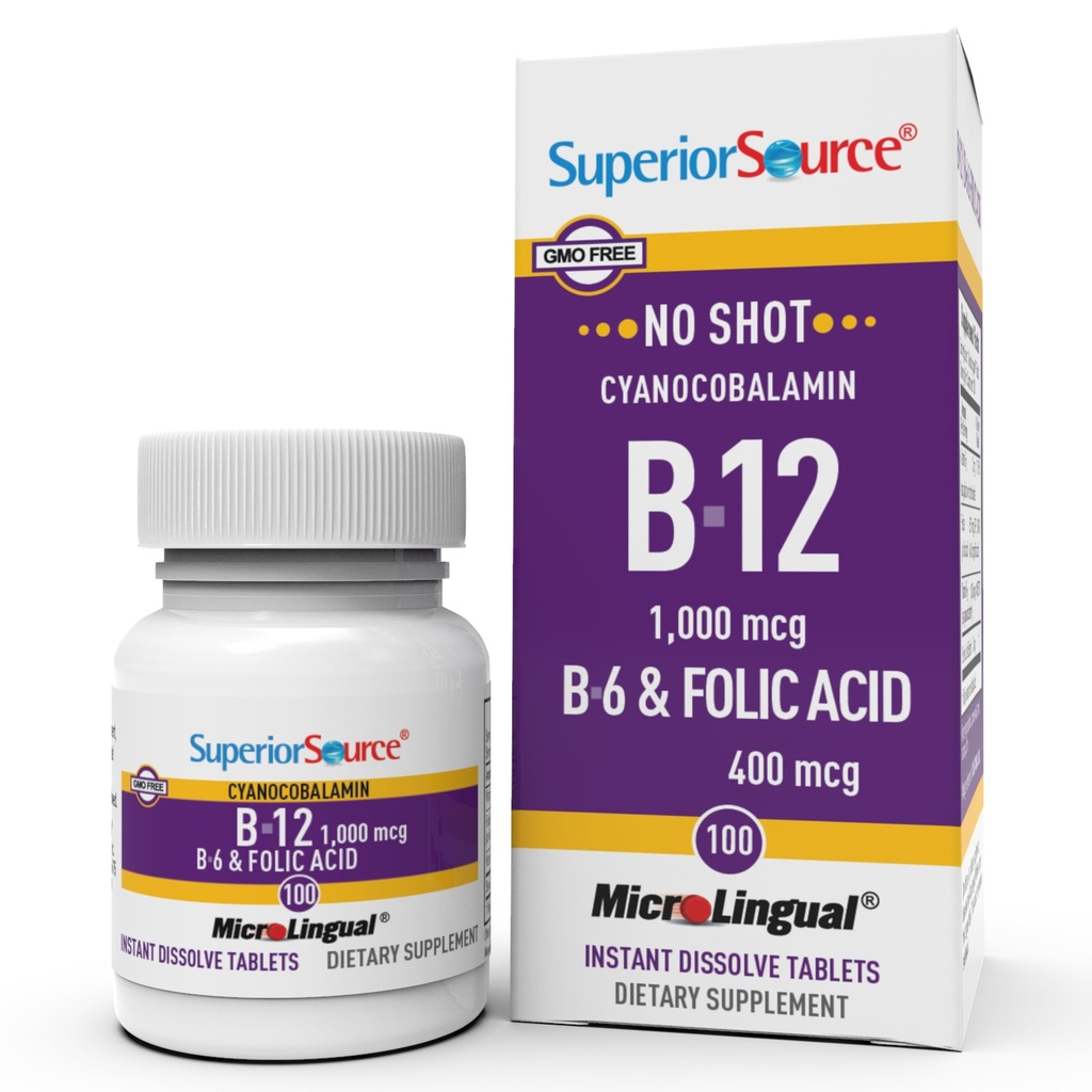 Üstün Kaynak No Shot Vitamin B-12 Cyanocobalamin 1000 mcg, B-6, Folic Acid 400 mcg - Support Brain & Heart Health - Aids Natural Energy Levels - 100 Sublingual Discrypt Tabletleri - 100 Sublingual Dis