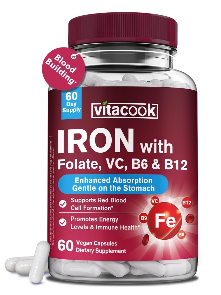 Kadınlar ve Erkekler için Iron Bisglycinate, C, B6, B12, Folate, Stomach Friendly, Non-Constipating, Blood Health & Energy Boost, 60 Vegan Caps