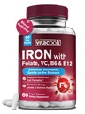 Kadınlar ve Erkekler için Iron Bisglycinate, C, B6, B12, Folate, Stomach Friendly, Non-Constipating, Blood Health & Energy Boost, 60 Vegan Caps