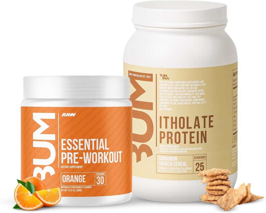 RAW Whey Isolate protein Toz & Essential Pre-Workout Toz Sche (Cinnamon Crunch & Orange) - Chris Bumstead Sports Nutrition Supplement for Men & Women