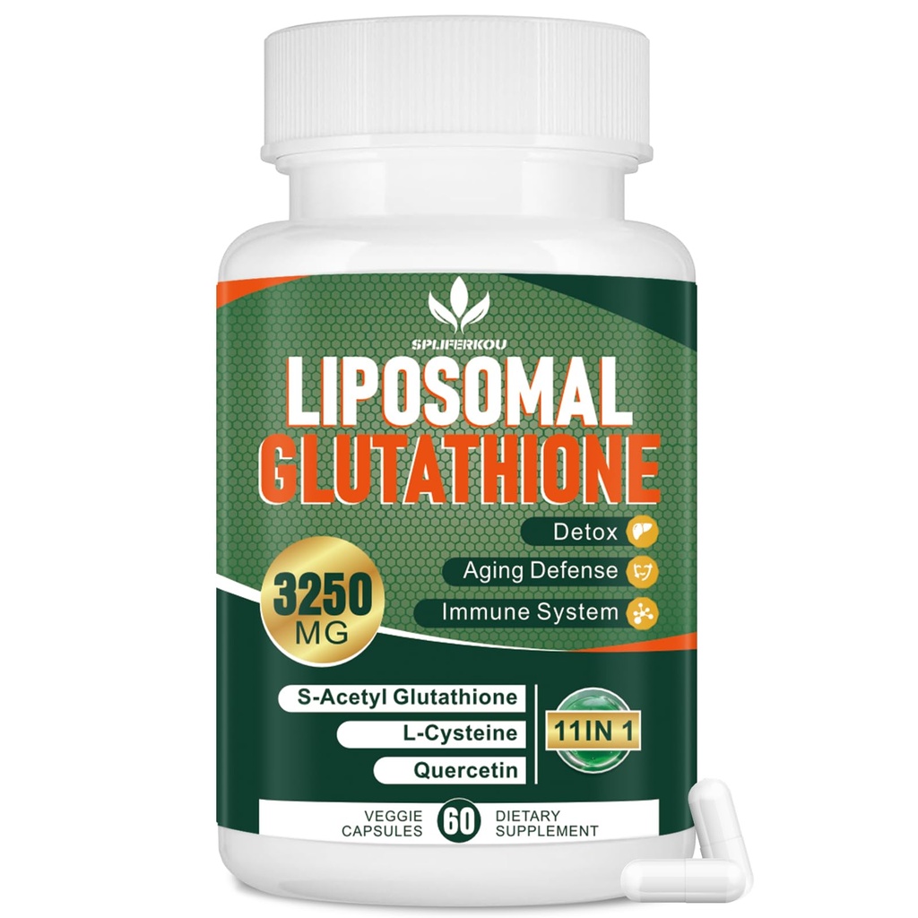 3250 MG Liposomal Glutathione Supplement,Reduced L-Glutathione with Resveratrol,Quercetin, Antioxidant Supplement for Immune System, Non-GMO, 60 Capsules
