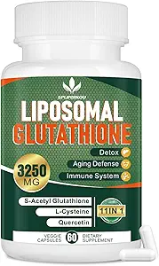 3250 MG Liposomal Glutathione Supplement,Reduced L-Glutathione with Resveratrol,Quercetin, Antioxidant Supplement for Immune System,Gluten Free & Non-GMO, 60 Capsules