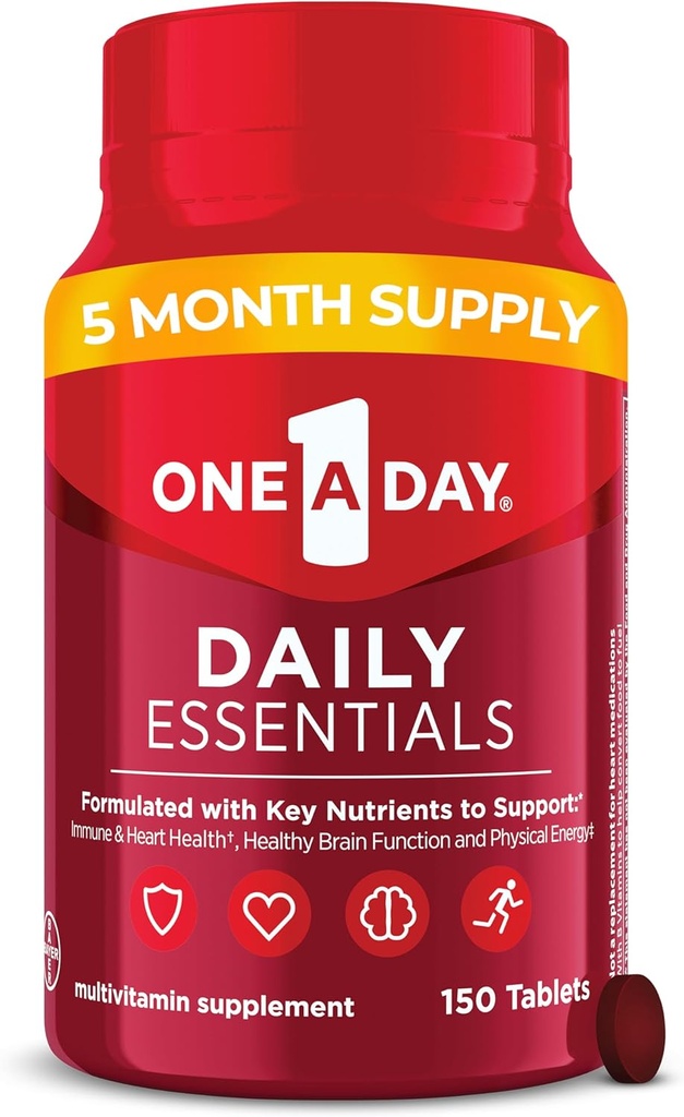 One A Day Daily Essentials, Multivitamin for Women & Men, Υποστηρίζει υγιή εγκέφαλο και μυϊκή λειτουργία και ανοσοποιητική υγεία, Adult Multivitamin με βιταμίνη D, E και βιταμίνη B12, 150 Count