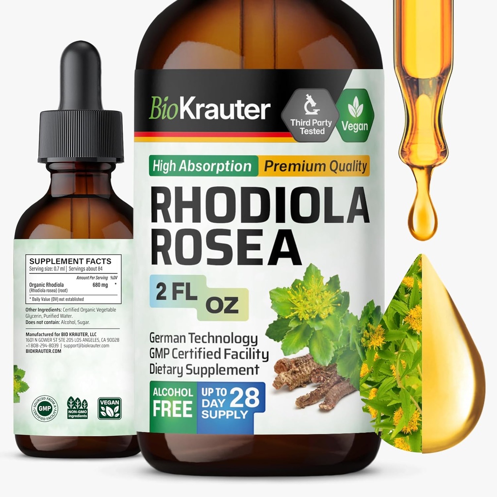 BIO KRAUTER Rhodiola Rosea Supplement Liquid - Pure Rhodiola Rosea Tincture - Vegan Calmness Support - Alkol & Sugar Free Extract 2 Fl.Oz.
