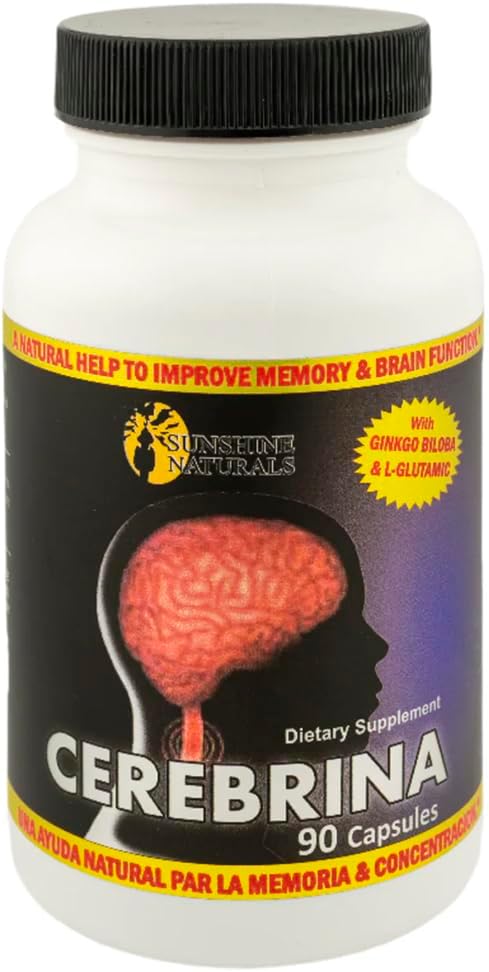 Sunshine Naturals Cerebrina with Ginkgo Biloba & L-Glutamic Memory & Focus Support Supplement – 90 Capsules – Brain Health Formula for Yetişkinler