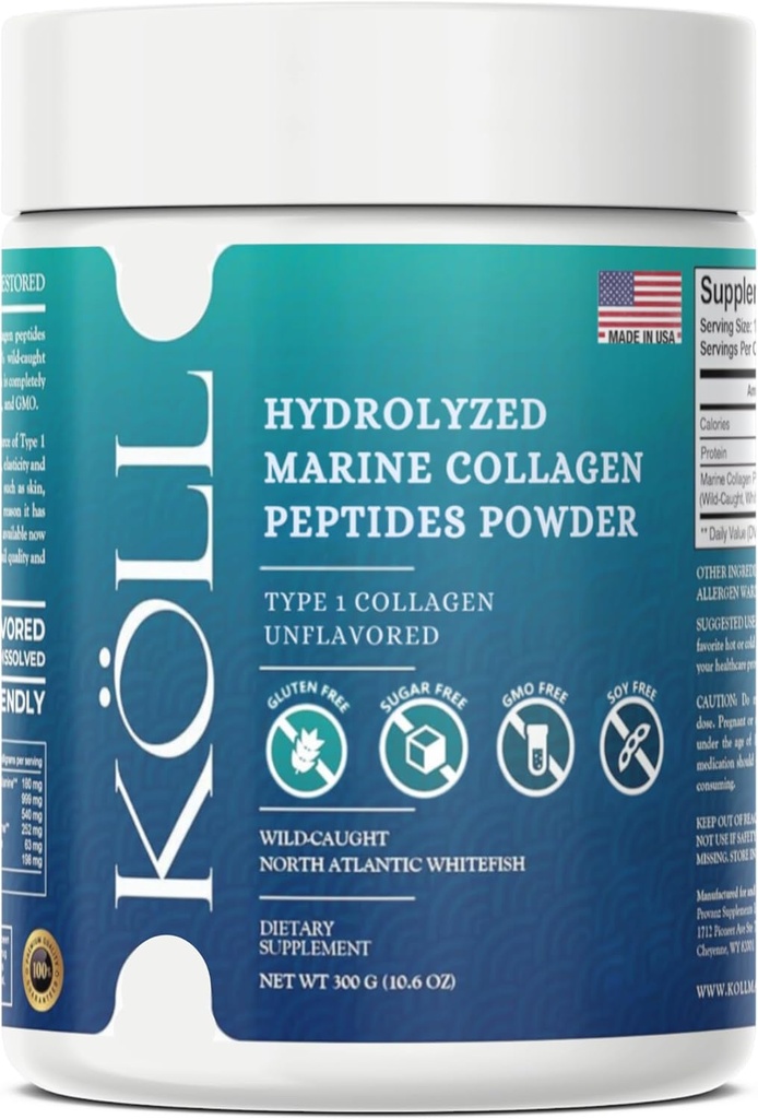 KÖLL Marine Collagenvor Toz (300g) Kadınlar ve Erkekler için ücretsiz Collagen, 10.000 mg Hydrolyzed Supplement, Wild-Caught Sourced, Non-GMO, 0% Preservatives Type 1 for Bone & Skin Health