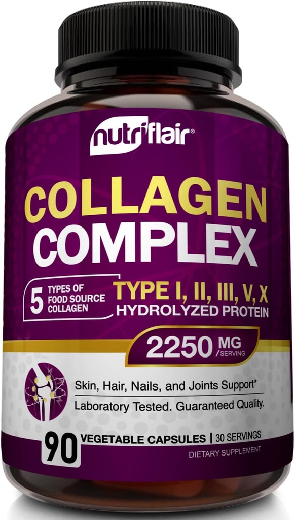 NutriFlair Multi Collagen, 2250 mg, 90 Capsules - Tip I, II, III, V, X - Kolajn Supplements Kompleksi Kadınlar ve Erkekler için Tozlu Protein, Sağlıklı Saç, Skin, Nails - Non-GMOMO