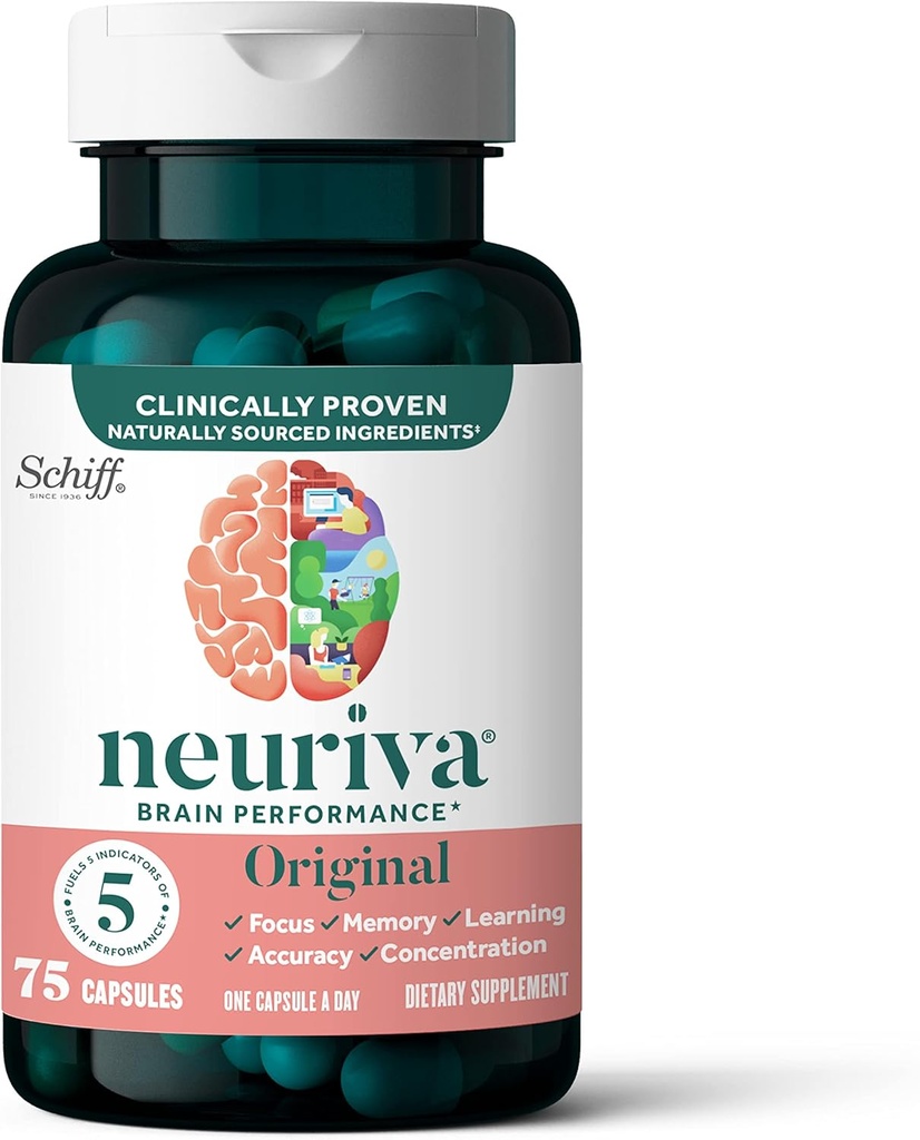 NEURIVA Original Brain Supplement for Memory, Focus & Concentration + Learning & Truth with Klinik olarak Nootropics Phosphatidylserine and Neurotors, Caffeine Free, 75ct Capsules
