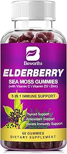 Elderberry Gummies & Irish Sea Moss, Organik Sambucus Elderberry Gummy with Seamoss, çinko, C, D3, Multivitamin Elderberry Vitamin & Enerji Desteği Supplements - Sugar-Free