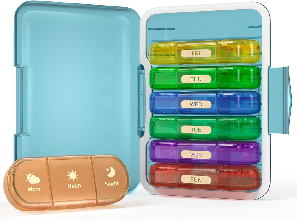 Haftalık Pill Organizer 3X bir gün, 7 Günlük Pill Box 3 Times, Tatil Pill Case for Pills/Vitamin/Fish Oil/Medication /Supplements (3x7 Blue+Rainbow)