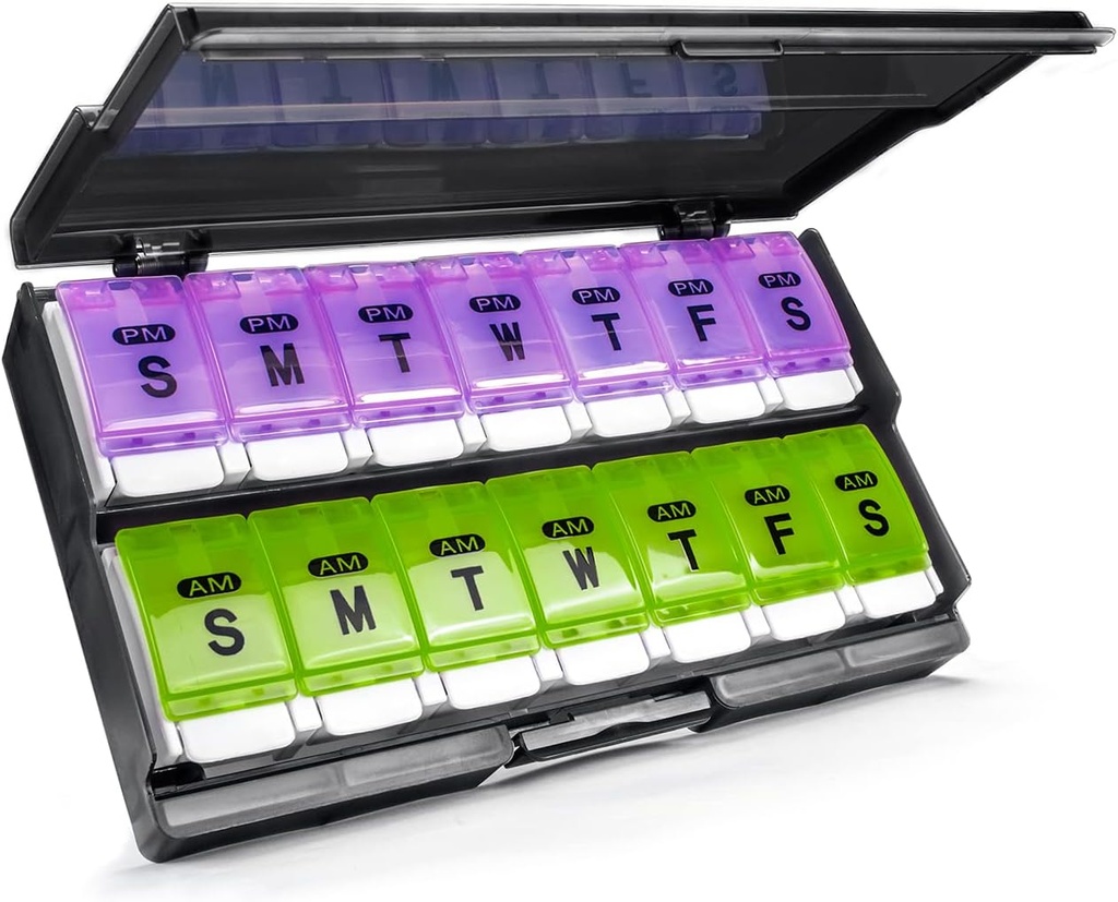Ekstra Büyük Haftalık Pill Organizer 2 Times a Day - Remtise Am/Pm Daily Pill Case Medicine Organizer, Push Düğme 7 Day Pill Box for Pills/Vitamin/Cod Liver Oil/Supplements (Purple & Green)