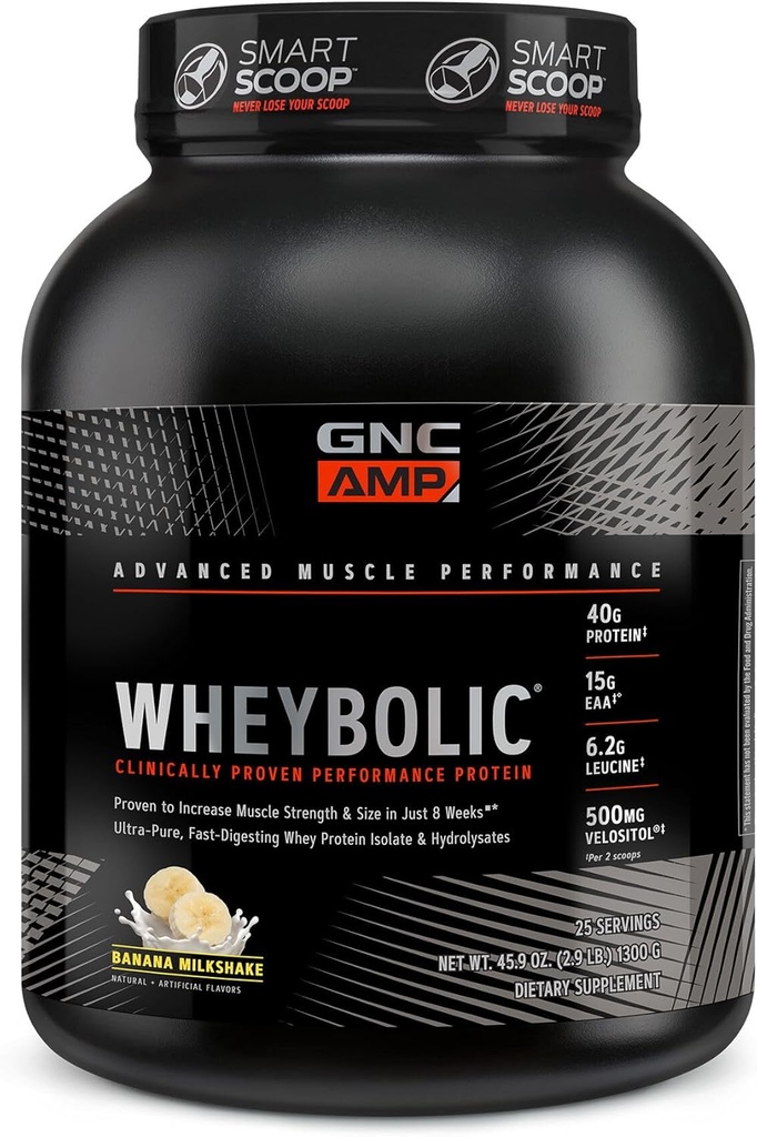 GNC AMP Wheybolic Clinically Proven Protein Powder, 40g Whey Protein, BCAA, Leucine, Increases Muscle Strength, Muscle Building, 3rd Party Tested, Gluten Free, Banana Milkshake, 25 Servings