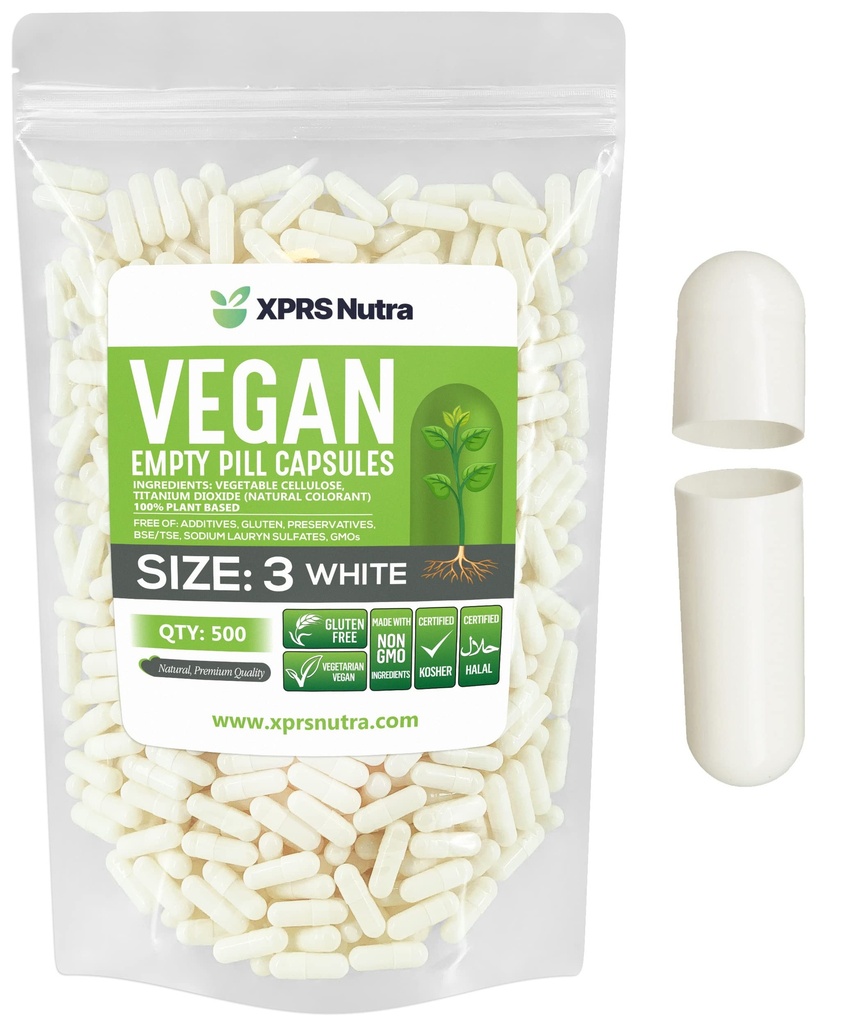 XPRS Nutra Size 3 Empty Capsules - 500 Count Empty Vegan - Vegetarian Pills - DIY Vegetable Capsule Filling - Veggie Pill Caps (White)