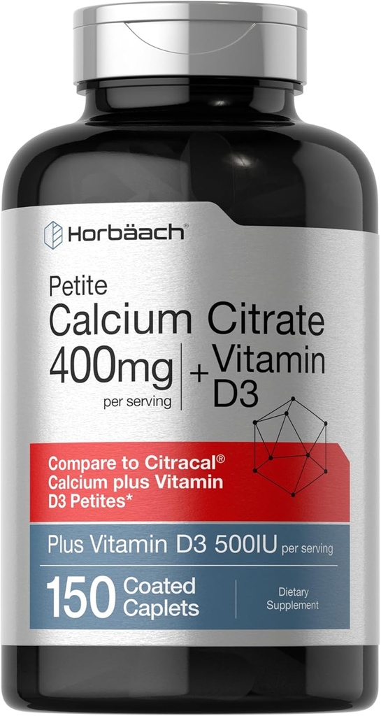 Horbäachuba Citrate with Vitamin D3 | 150 Petite cover Caplets | Supplement for Men and Women | Vegetarian, Non-GMO & Gluten Free