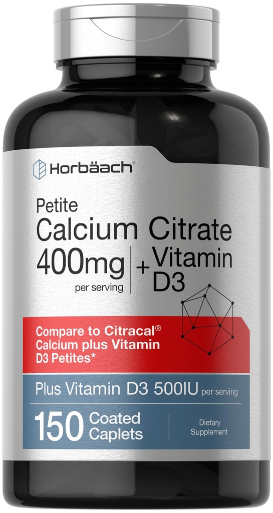 Horbäachuba Citrate with Vitamin D3 | 150 Petite cover Caplets | Supplement for Men and Women | Vegetarian, Non-GMO & Gluten Free