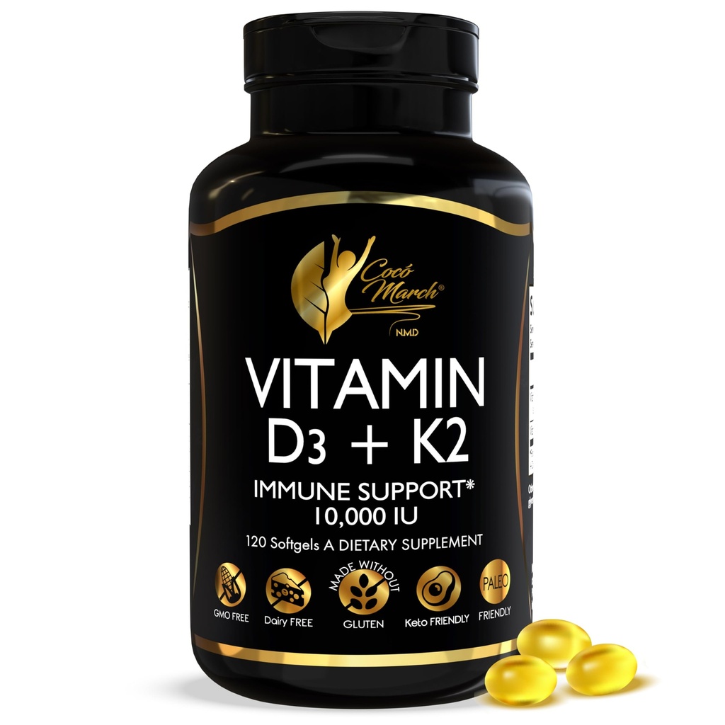 Cocó Mart N.M.D Vitamin D3+K2 10.000 IU - Kadınlar ve Erkekler için yüksek Potency Supplement, Immune Support, Bone & Ortak Sağlık - Gluten-Free, Non-GMO, 4 Ay Supply, 250 mcg D3, 180 mcg of K2