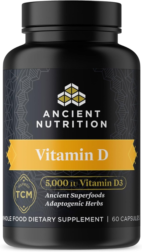 Ancient Nutrition Vitamin D Supplement, 5.000 IU Βιταμίνη D για την υποστήριξη του ανοσοποιητικού, Φτιαγμένο από τον αφρό των οστών και το εκχύλισμα μανιταριών, Υποστηρίζει υγιή φλεγμονή, Παλαιό και Κέτο Φιλικό, 60 κάψουλες