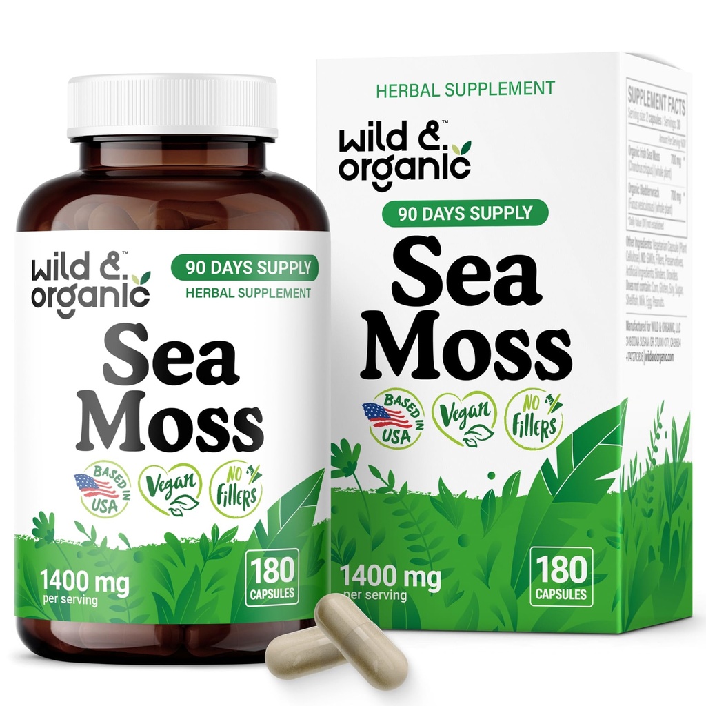 Vahşi ve Organik Deniz Moss Capsules - İrlanda Deniz Moss Kompleksi ile Bladderwrack & Burdock Root for General Well-Being - 180 Vegan Seamoss Capsules Capsules