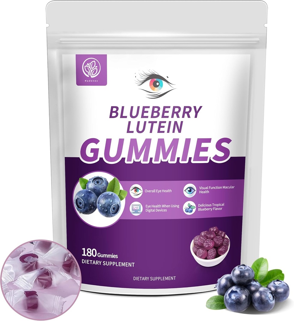 Blueberry Lutein Eye Vitamins Gummies with 180 Count - 3 Ay Supply, Vegan Eye Health Supplement for Kids and Adult, Lutein Gummies for Vision Clarity and Blue Light Support