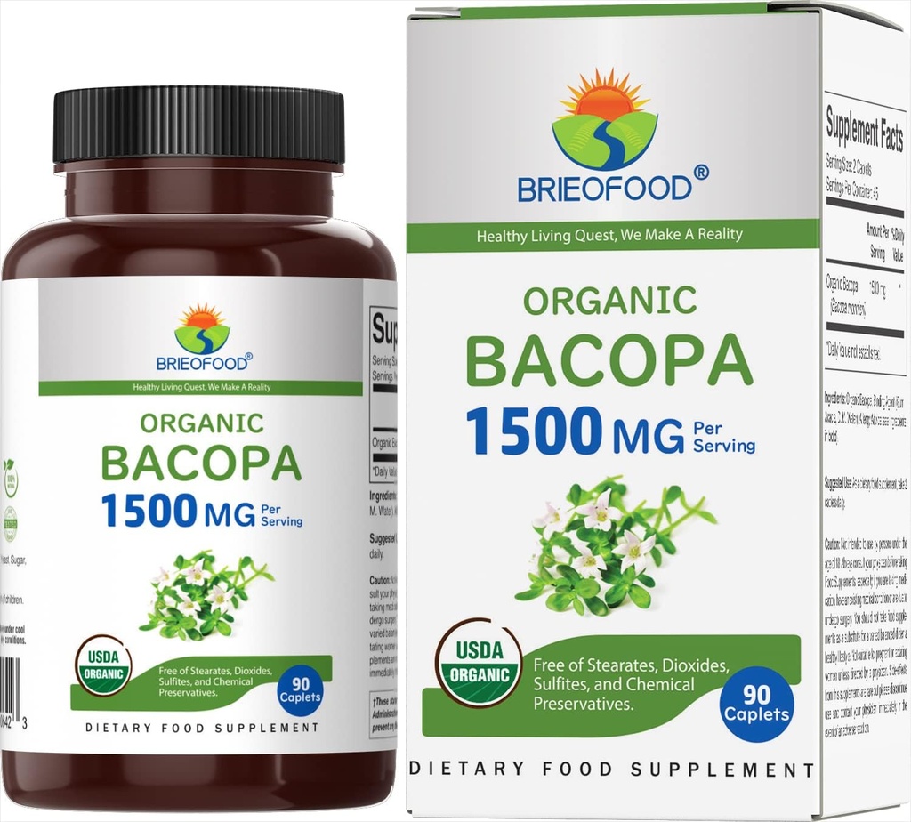 Brieofood Organic Bacopa 1500 mg, 45 Hizmet, Vegetarian, Gluten Free, 90 Vegetarian Tabletler...