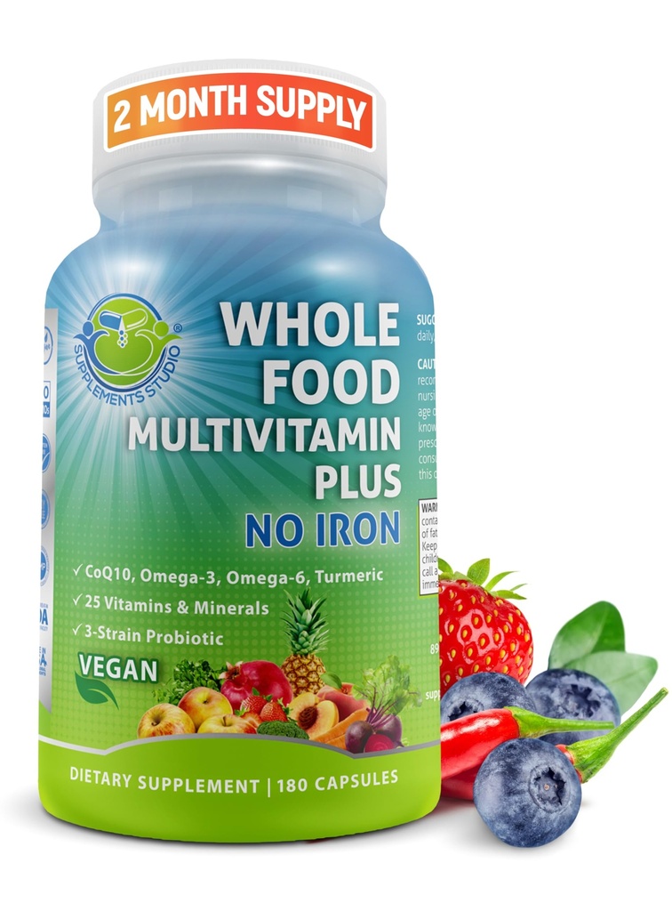 Vegan Whole Food Daily Multivitamin Without Iron, Methylated Multivitamin for Women and Men, Made with Fruits & Fruits, B-Complex, Probiotics, Enzymes, CoQ10, Omegas, Turmeric, Non-GMO, 180 Count