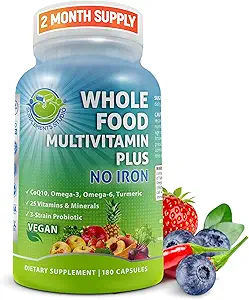 Vegan Whole Food Daily Multivitamin Without Iron, Methylated Multivitamin for Women and Men, Made with Fruits & Fruits, B-Complex, Probiotics, Enzymes, CoQ10, Omegas, Turmeric, Non-GMO, 180 Count