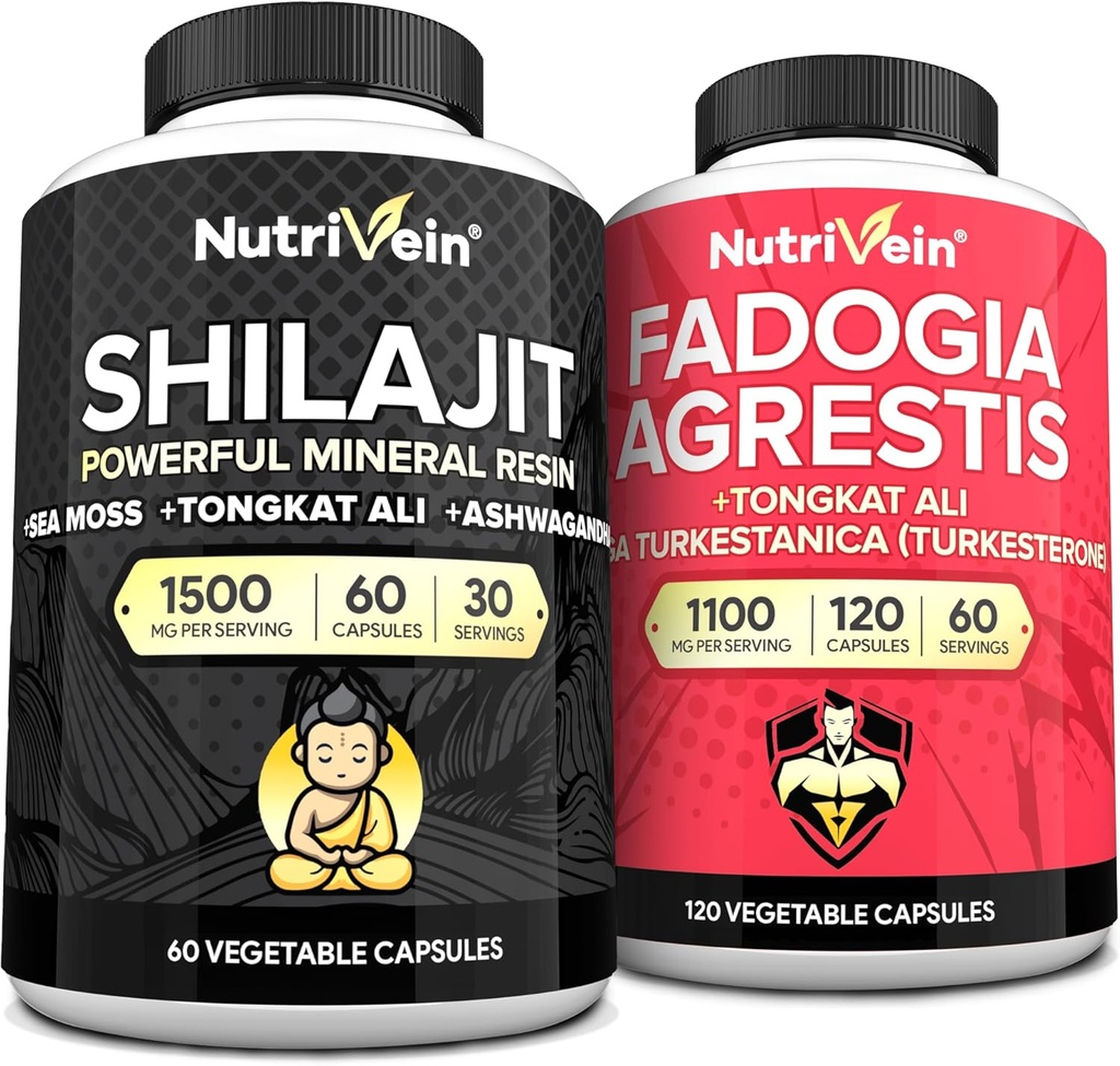 Nutrivein Premium Shilajit Capsules ve Fadogia Agrestis Supplement Sche: Women and Men + Fadoji Agrestis için Güçlü Shilajit