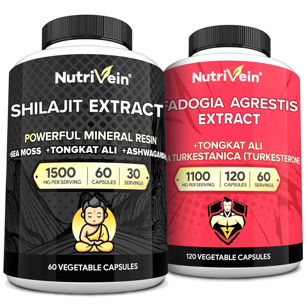 Nutrivein Premium Shilajit Capsules ve Fadogia Agrestis Supplement Sche: Women and Men + Fadoji Agrestis için Güçlü Shilajit