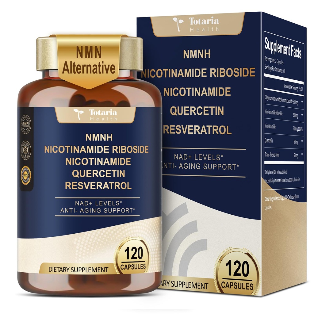 Totaria NMNH (Dihidrinamid Mononüotide), NMN Alternative Supplement w/Niacinamid (Vitamin B3), Quercetin, Trans-Resveratrol, Destek NAD+, Skin Cell Health*, Anti-Aging & Energy, 120 Caps