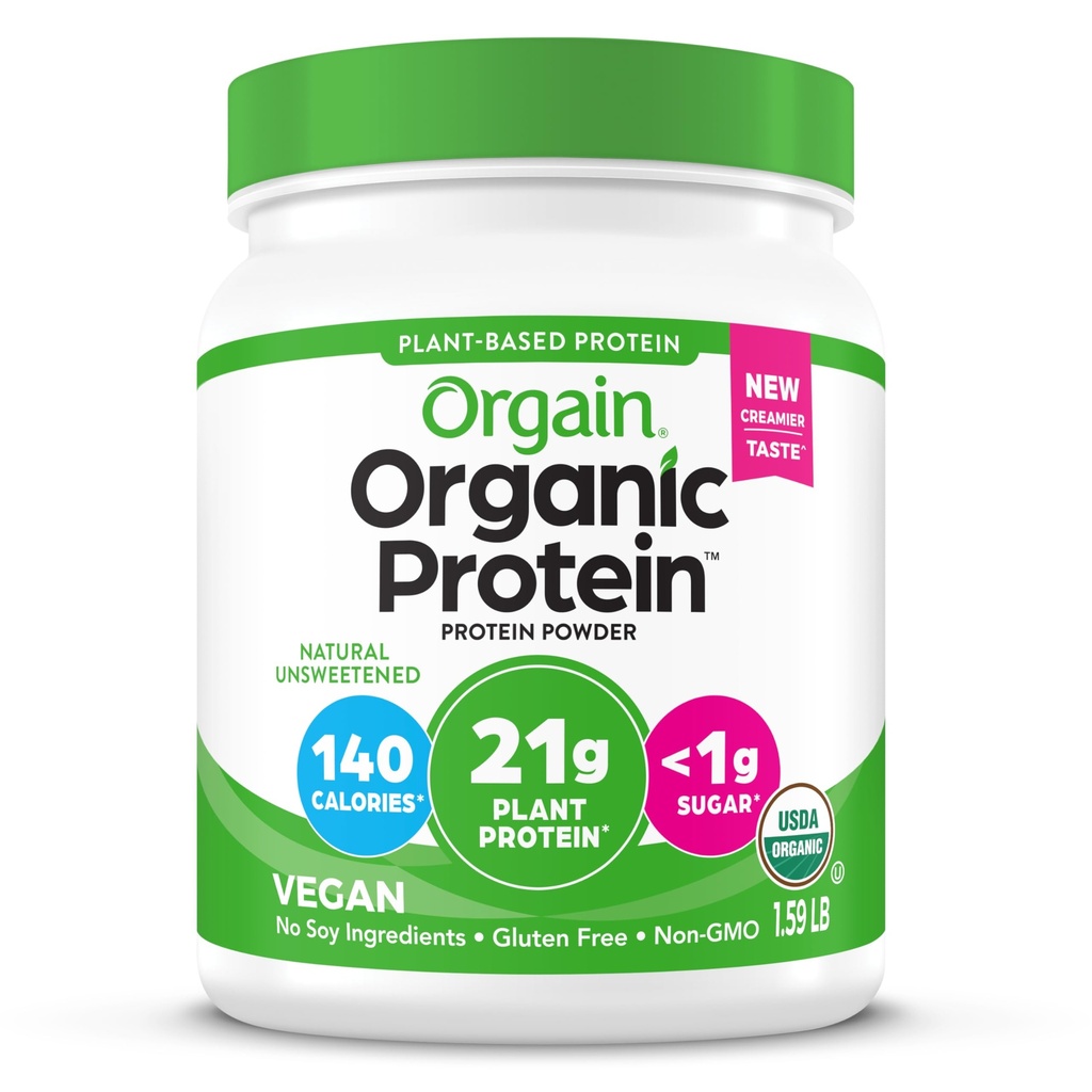 Orgain Organic Vegan protein Toz, Doğal Unsweetened - Plant proteini 21g, 4g Prebiyotik Fiber, Low Net Carbs, No Lactose Malzemeler, Noolitik, Non-GMO, For Shakes & Smoothies, 1.59 lb