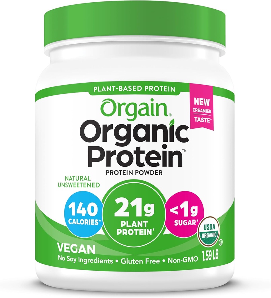Orgain Organic Vegan protein Toz, Doğal Unsweetened - Plant proteini 21g, 4g Prebiyotik Fiber, Low Net Carbs, No Lactose Malzemeler, Noolitik, Non-GMO, For Shakes & Smoothies, 1.59 lb
