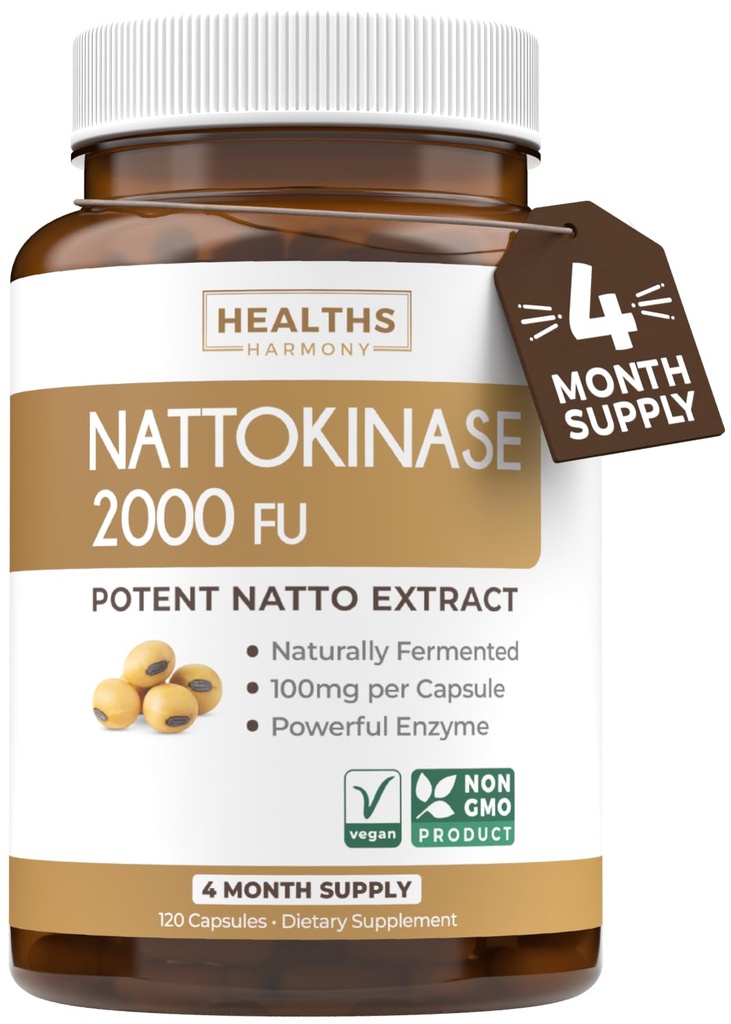 Healths Harmony Nattokinase 2000 FU (Non-GMO) Ισχυρό συμπλήρωμα νατοκινάσης Κατασκευασμένο από φυσικά ζυμωμένες σόγιας - (4 μήνες προμήθεια) 120 κάψουλες Vegan Natto