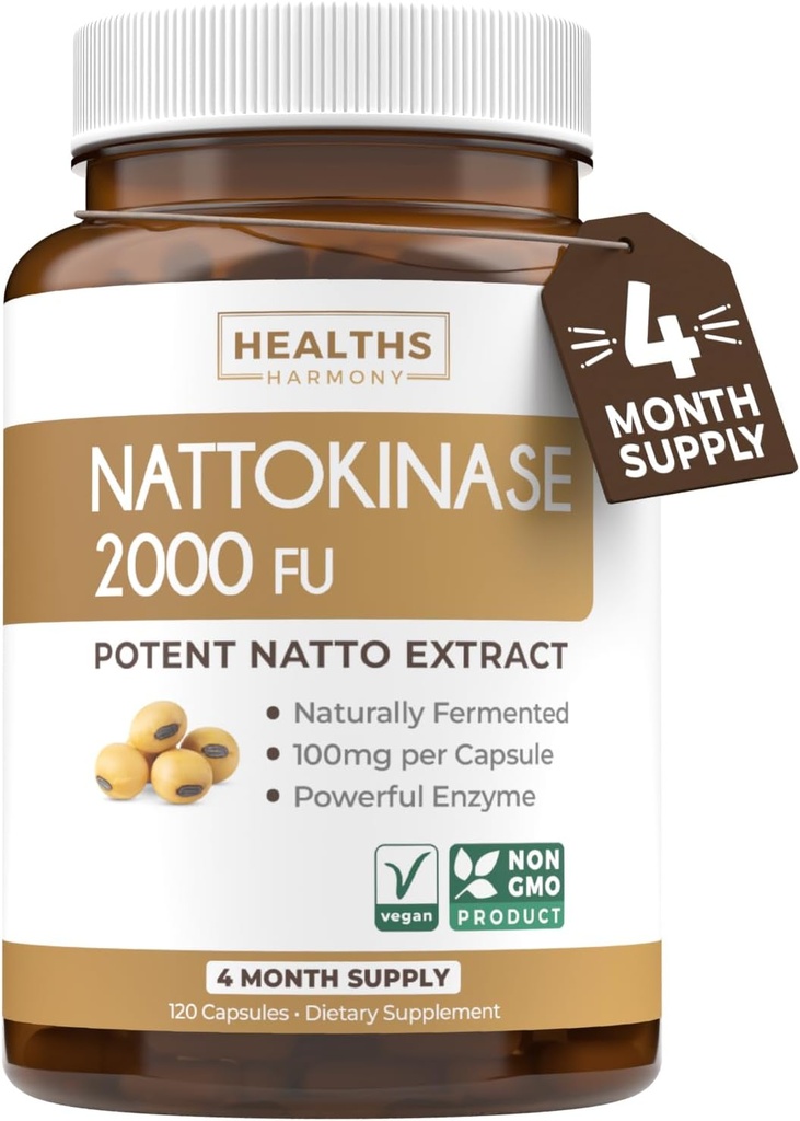 Sağlıklar Harmony Nattokinase 2000 FU (Non-GMO) Doğal Fermented Soybeans'tan Yapılan Güçlü Nattokinase Supplement - (4 Ay Supply) 120 Vegan Natto Capsules