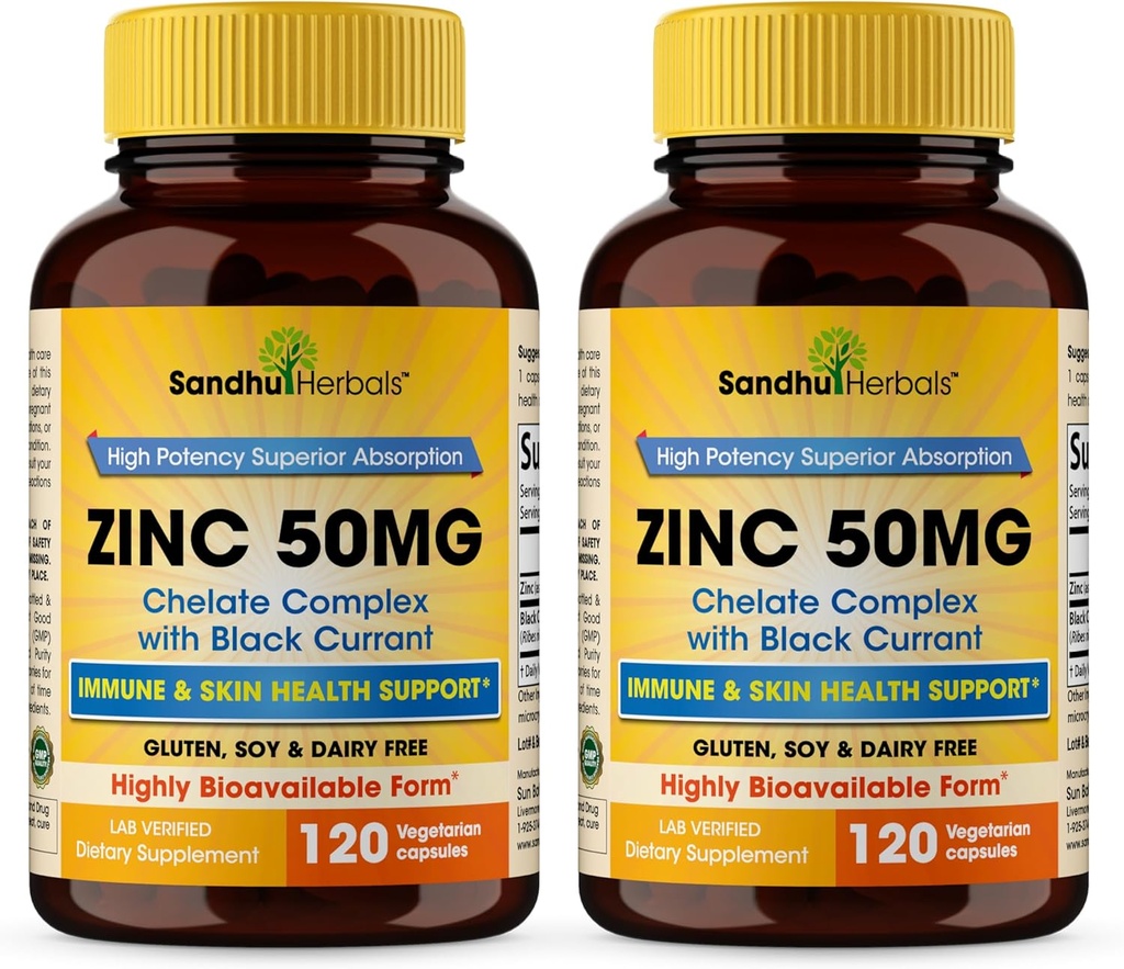 Sandhu Herbals çinko 50mg Supplement for Men & Women / High Abxia Monomethionine Complex with Black Currant 120 Capsules (Pack of 2)| Zink Supplements for Immune, Acne & Antioksi Support