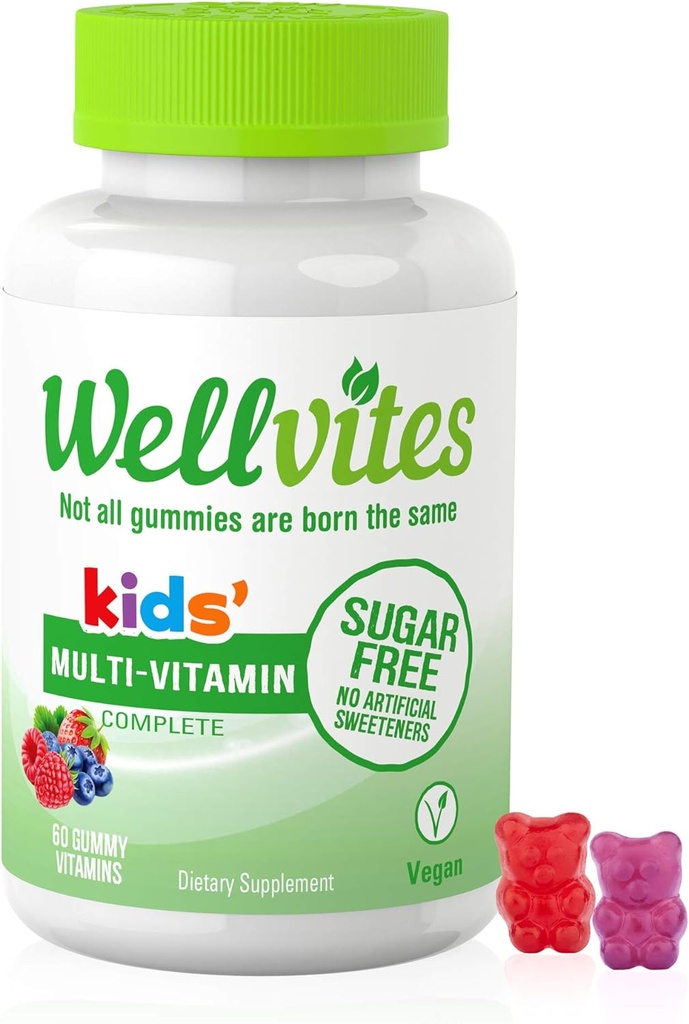 Wellvites Kids Multivitamin Gummies - Sugar Free, Vegan, Non-GMO, Vitamin A, D, B6, B12 and C - No Artificial Sweeteners, Gluten-Free, Gelatin-Free - 60 Count (30 Day Supply)