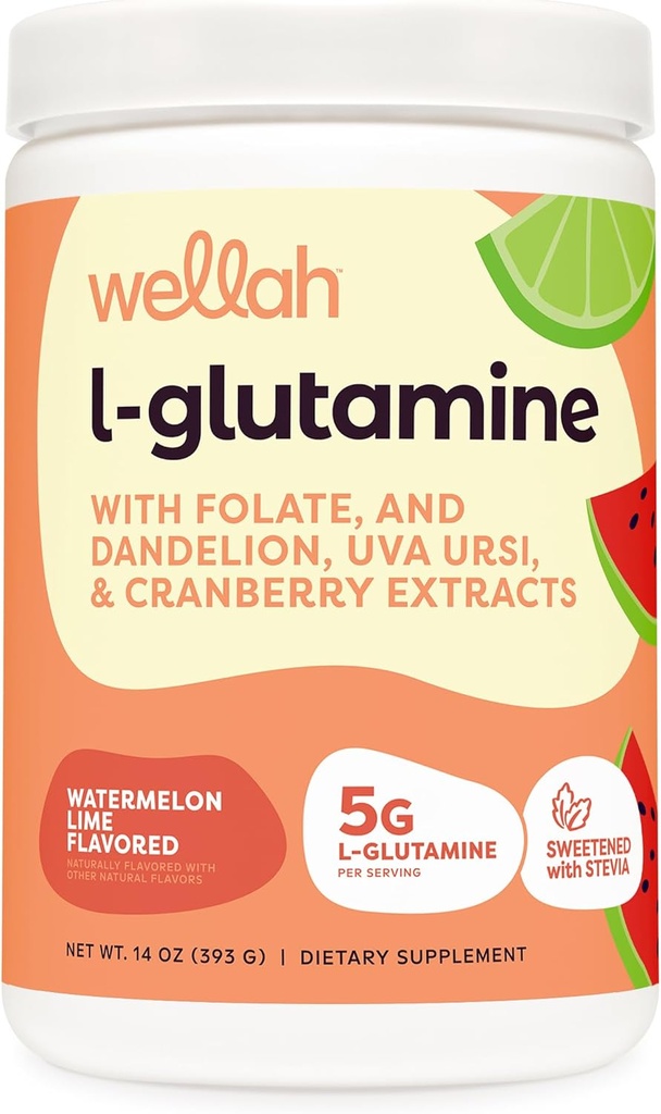 Wellah L-Glutamine Toz Watermelon Lime (50 hizmet) - 5g L-Glutamine Per Hizmeti, Stevia ile Tatlılandı