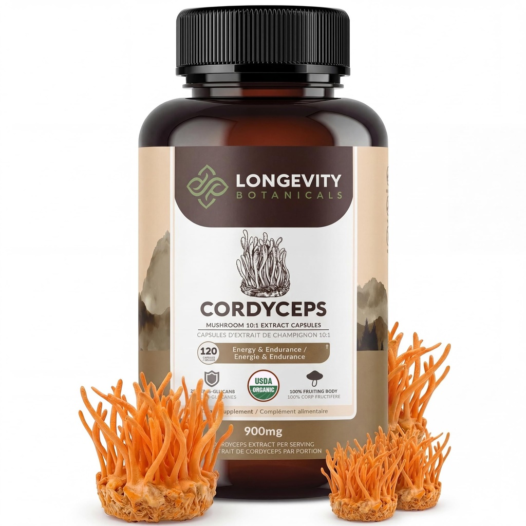 Organik Cordyceps Mushroom Capsules Supplement (120) | Pure Fruiting Body 10:1 High Strength Extract |% 30-D Glucans | 9,000 mg Raw Equivalent Per | Enerji, Stamina & Oksijen Desteği |