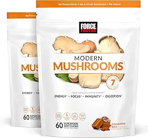 Force Factor Modern Mushrooms Soft Chews, Mushroom Supplement with Lions Mane, Türkiye Tail, & Cordyceps to Support Energy, Immunity, & Digestion, Cinnamon Roll, 120 Soft Chews, 2Pack