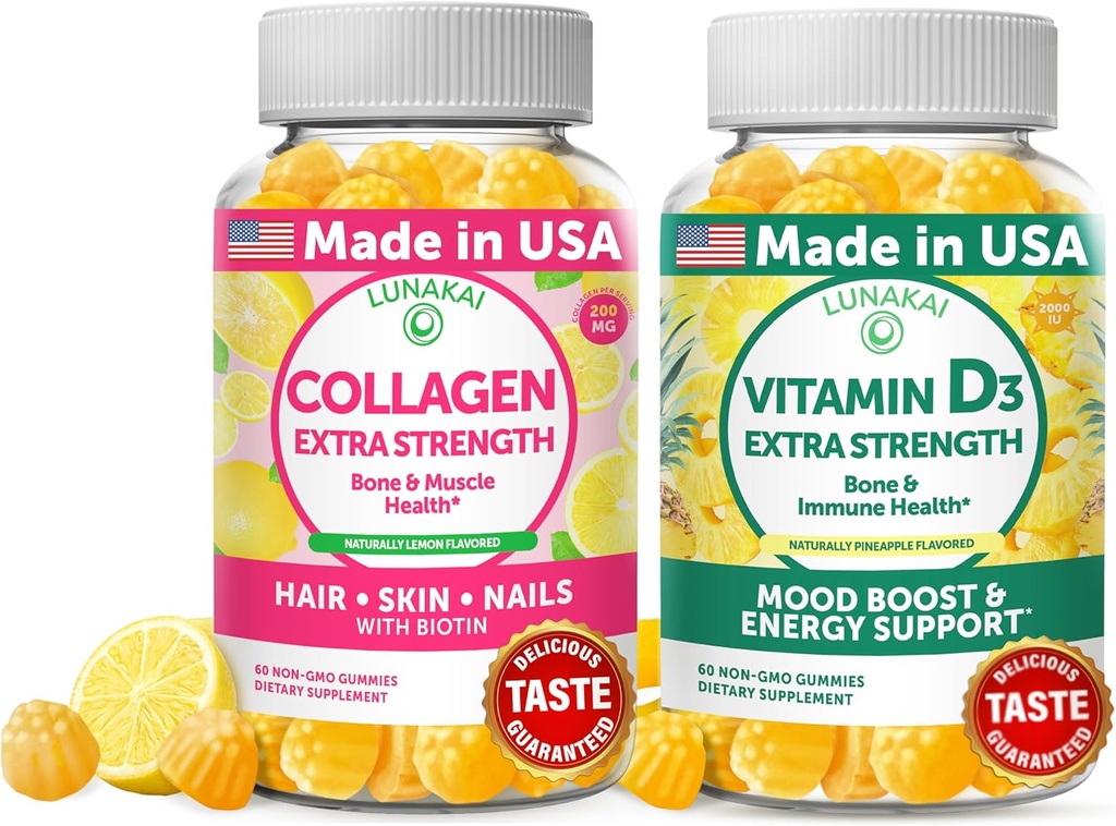 Lunakai Collagen ve Vitamin D3 Gummies Sche - Erkekler ve Kadınlar için Hiçbir Zaman Anti Aging Supplements - Immunity, Bone and Mood Support Gummy for Yetişkinler - 30 Days Supply